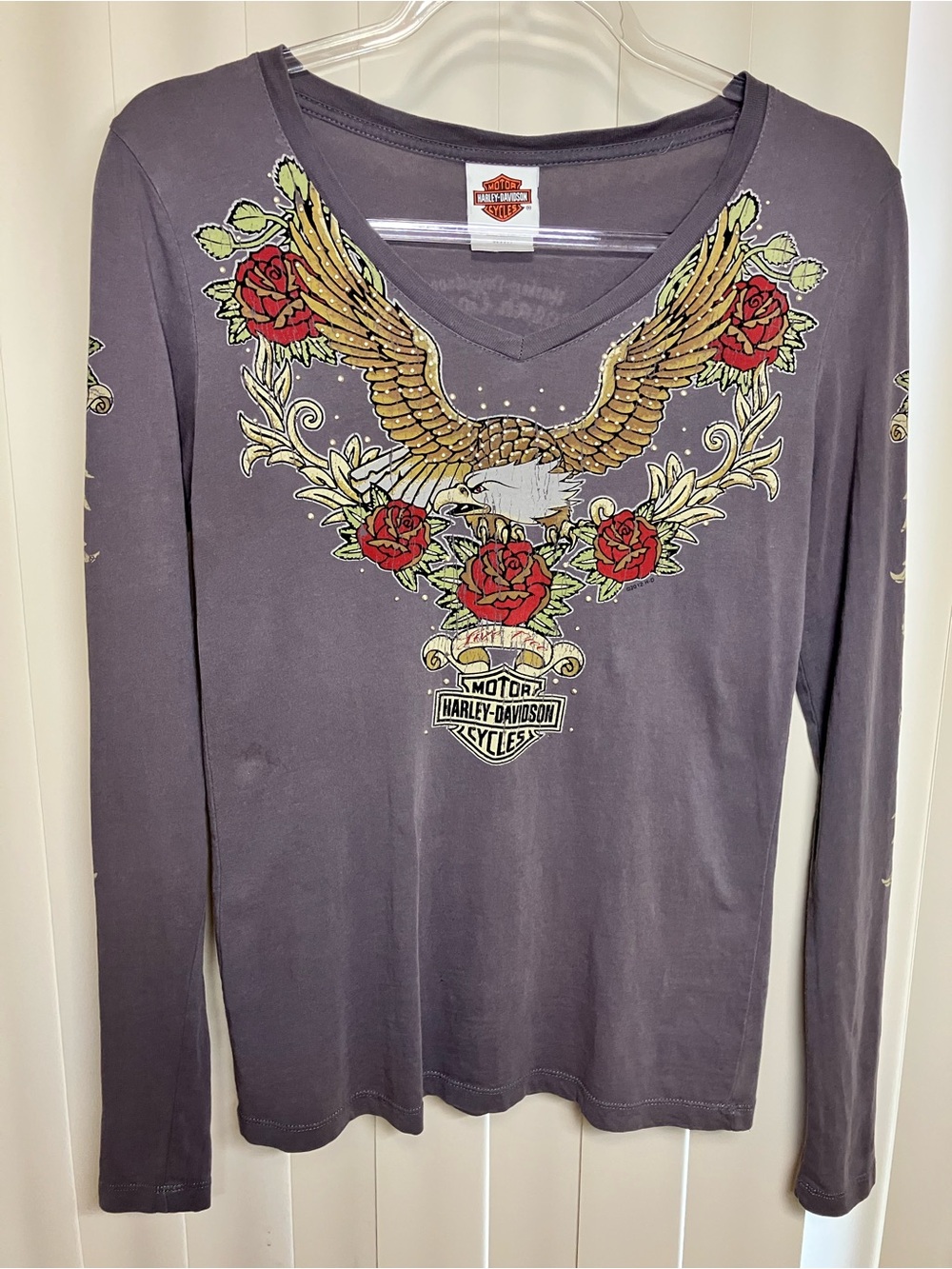 Harley-Davidson Women's Charcoal Long Sleeve V-Neck Tee with Eagle & Rose Art